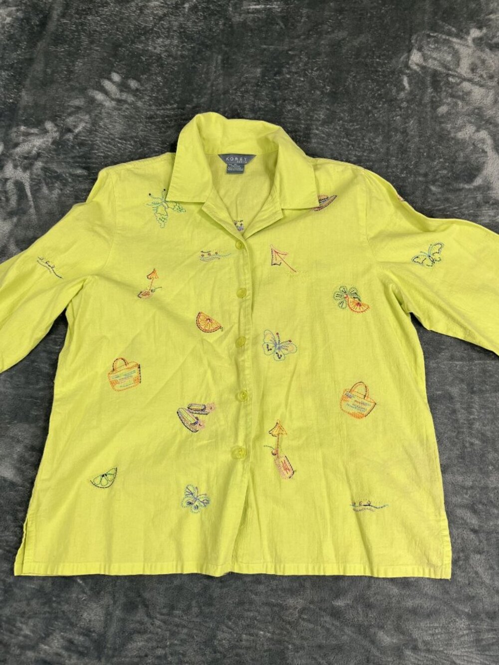 Koret Petite Lime Green Embroidered Button-Up Blouse Size PL